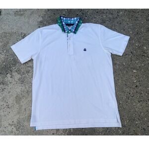 Brooks Brothers Mens XL Slim Fit White Pique Polo Shirt Plaid Contrast Collar